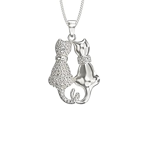 [Australia] - Aeon Jewellery Two Cat Necklace - 925 Sterling Silver & Illusion Crystals | Adjustable 16 - 18 Inch Chain | Polishing Cloth & Gift Box Included | Gifts for Birthdays & Special Occasions for Women 