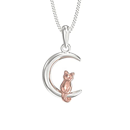 [Australia] - Aeon Jewellery Cat & Moon Necklace - 925 Sterling Silver & Rose Gold Plating | Adjustable 16 - 18 Inch Chain | Polishing Cloth & Gift Box Included | Gifts for Birthdays & Special Occasions for Women 