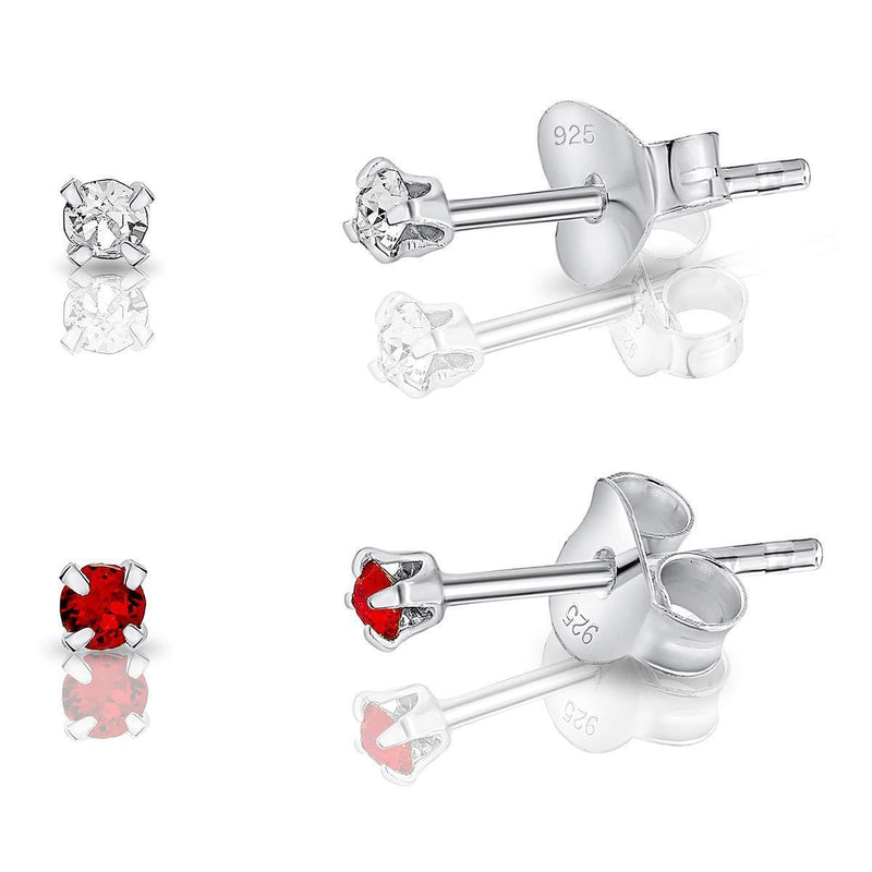 [Australia] - DTPsilver® Set of 2 PAIRS of 925 Sterling Silver * TINY * Round Stud Earrings and Crystals from Swarovski® Elements - Diameter: 2 mm - 1 Pair Clear Crystal & 1 of your Choice - Choice of Colour Clear Crystal & Red Light Siam 