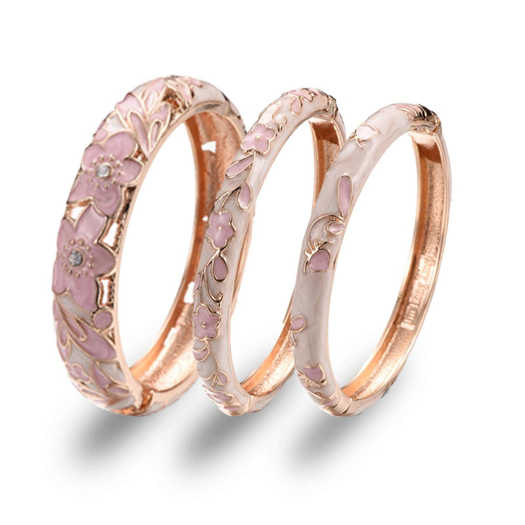 [Australia] - Enamel Bangle for Women, Handmade Floral Vintage Bracelet for Lady, Jewellery Gift - 3 Pcs Pink Flower × 3 