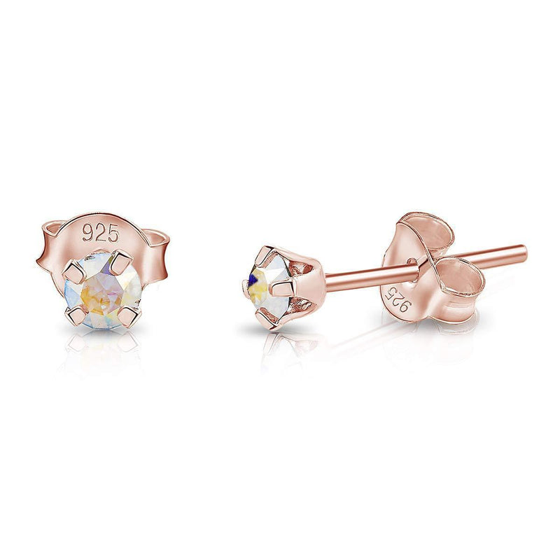 [Australia] - DTPSilver - 925 Sterling Silver Rose Gold plated * TINY * Round Stud Earrings made with Glittering Crystals from Swarovski® Elements - Diameter: 3 mm - Many Colours to choose from Aurore Borealis 