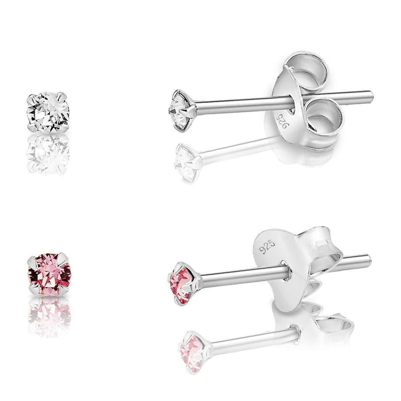 [Australia] - DTPSilver - Set of 2 PAIRS of 925 Sterling Silver * TINY * Round Stud Earrings and Crystals from Swarovski® Elements - Diameter: 2 mm - 1 Pair Clear Crystal & 1 of your Choice - Many Colours to choose from Clear Crystal & Light Rrose 