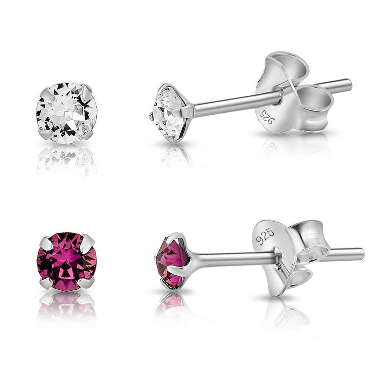 [Australia] - DTPSilver - Set of 2 PAIRS of 925 Sterling Silver * TINY * Round Stud Earrings and Crystals from Swarovski® Elements - Diameter: 3 mm - 1 Pair Clear Crystal & 1 of your Choice - Many Colours to choose from Clear Crystal & Purple Amethyst 