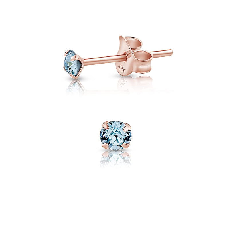 [Australia] - DTPSilver - 925 Sterling Silver Rose Gold plated * TINY * Round Stud Earrings made with Glittering Crystals from Swarovski® Elements - Diameter: 3 mm - Many Colours to choose from Blue Aquamarine 