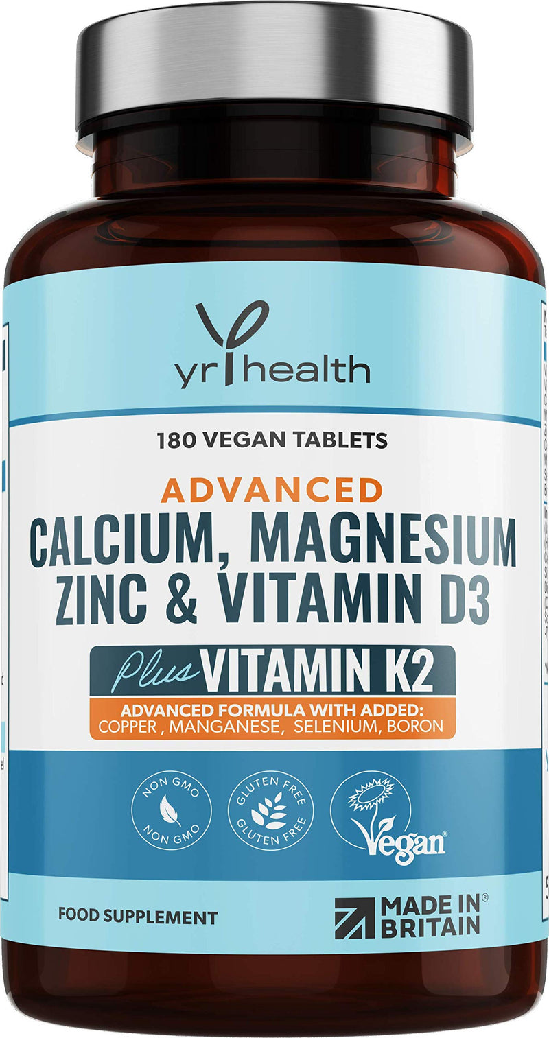 [Australia] - Calcium, Magnesium, Zinc and Vitamin D Plus Vitamin K2 MK-7 Tablets - Osteo Supplement - Vegan Tablets not Capsules 180 Count - Made in The UK by YrHealth 