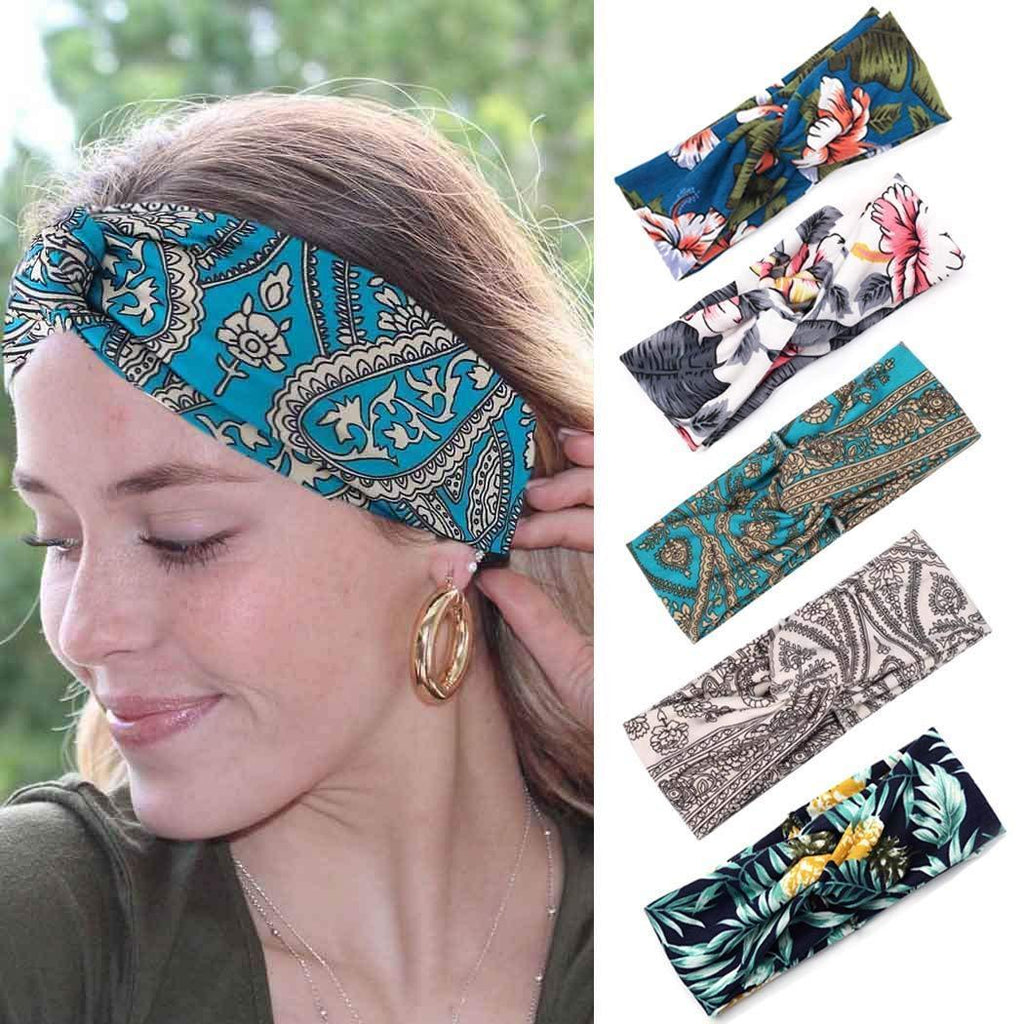 [Australia] - Simsly Boho Cross Printed Headband Elastic Turban Twist Knotted Hair Band Yoga Workout Head Wraps for Women and Girls(5pcs) 