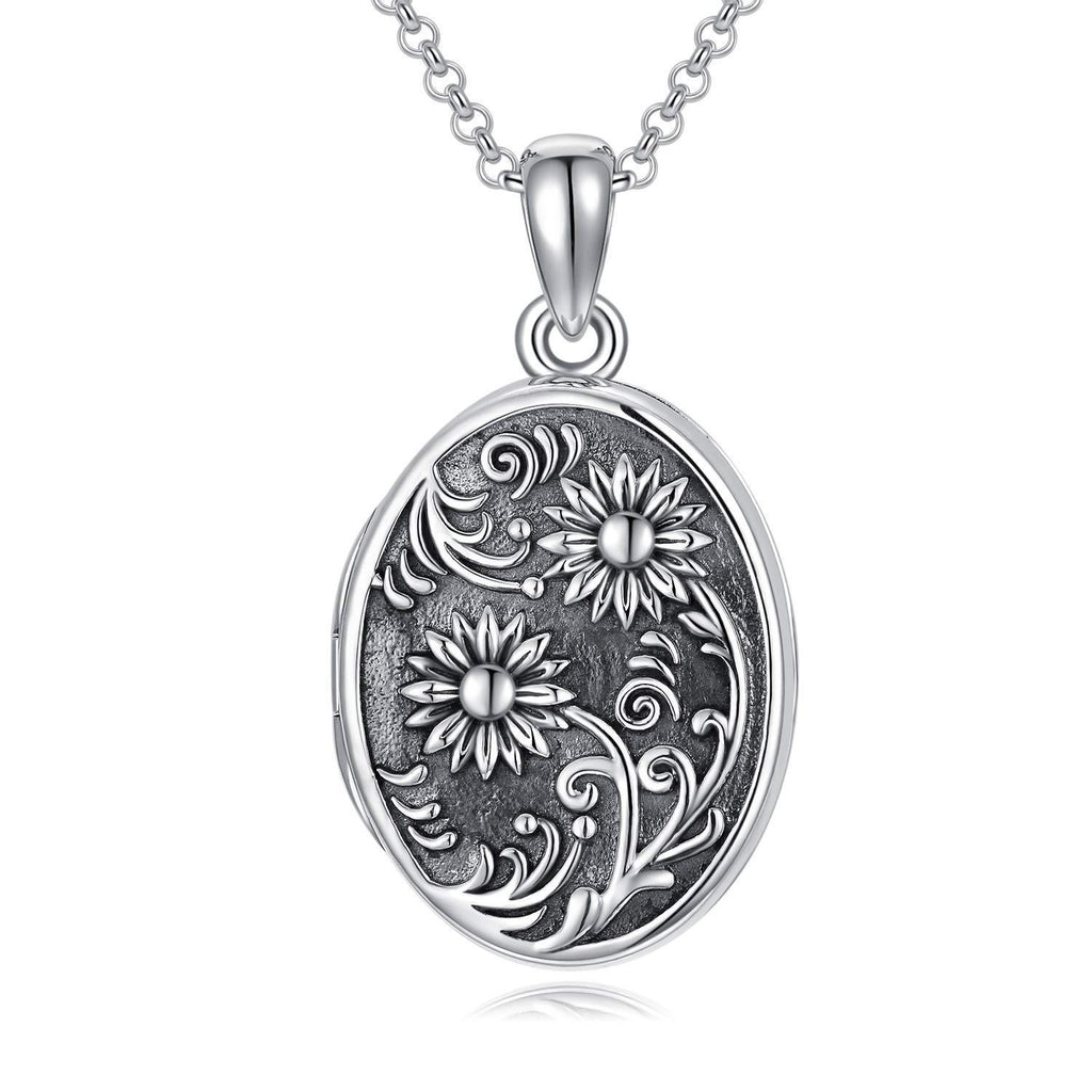 [Australia] - Sterling Silver Sunflower/Rose Locket Necklace That Holds Pictures Oval Locket Pendant, You are my Sunshine Necklaces,Sunflower Gift for Women Girls 