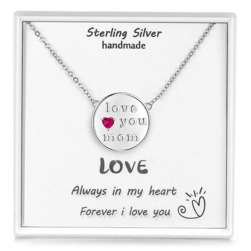 [Australia] - Qings Necklace, 925 Sterling Silver Necklace, Red Heart Cubic Zirconias Pendant with Word Love You mom, Adjustable 17.7+1.2in Chain, Jewellery Box, Gift for Mom Women 