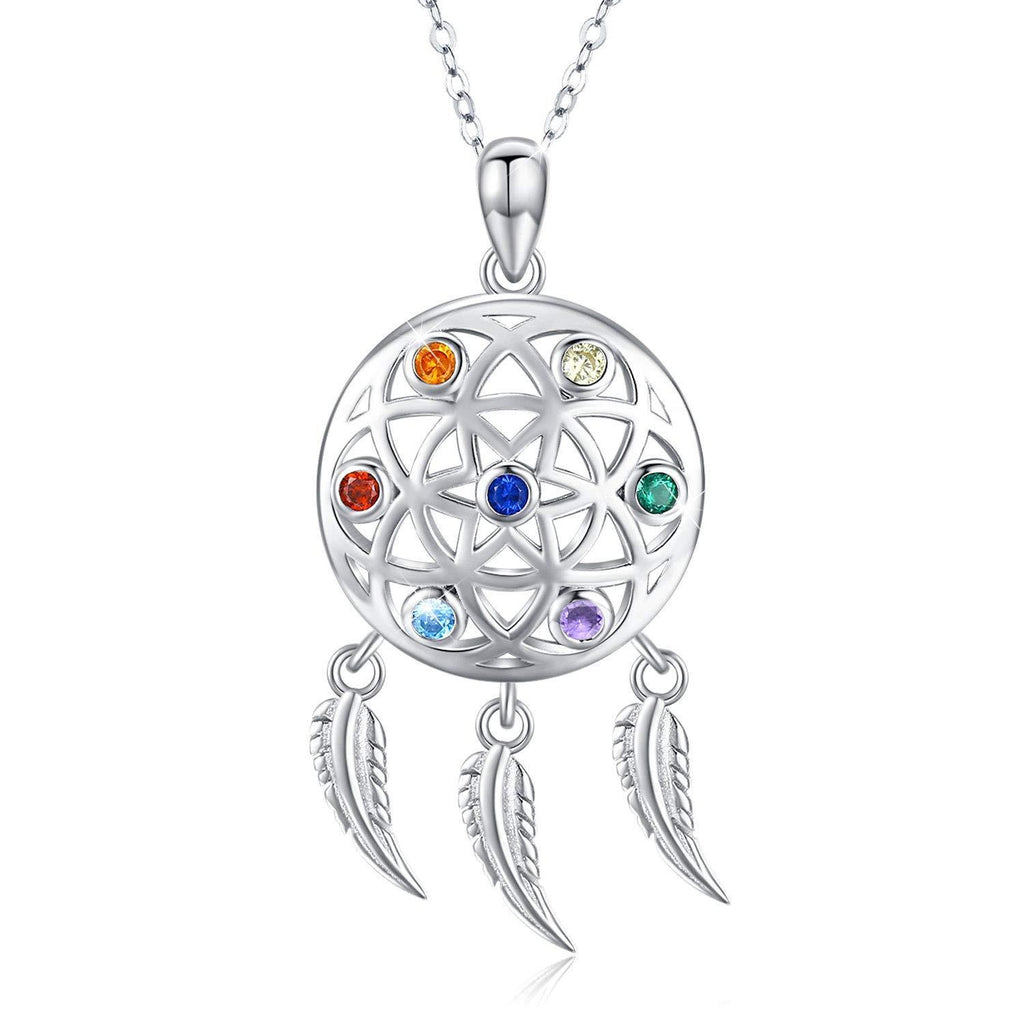 [Australia] - TANGPOET Dream Catcher Chakra Necklace for Teens 925 Sterling Silver Feathers Tassel Encouragement Gifts for Women for Wife Mom Daughter 