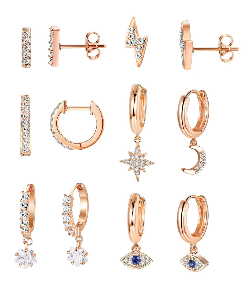 [Australia] - Milacolato 6Pairs Moon Star Dangle Hoop Earrings for Women Mini Bar Stud Earrings CZ Drop Cartilage Cute Jewelry Small Huggie Hoop Valentiine's Gift Gold Plated Rose Gold Tone 