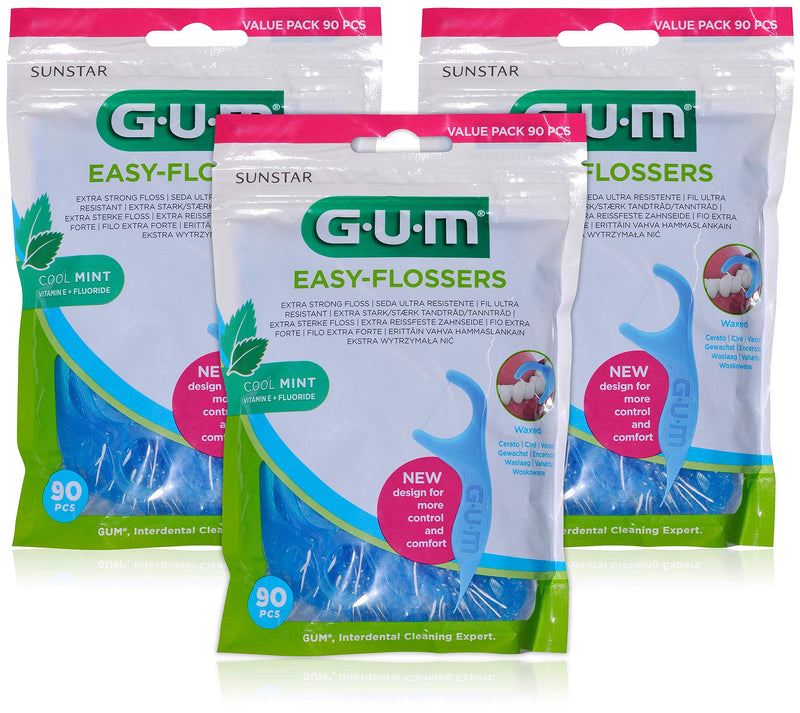 [Australia] - GUM Easy-FLOSSERS Waxed Dental Floss in Holder / Ergonomically Shaped Dental Floss Sticks for Easy Use of Dental Floss / Mint Flavour / Value Pack of 3 (3 x 90 Items) 