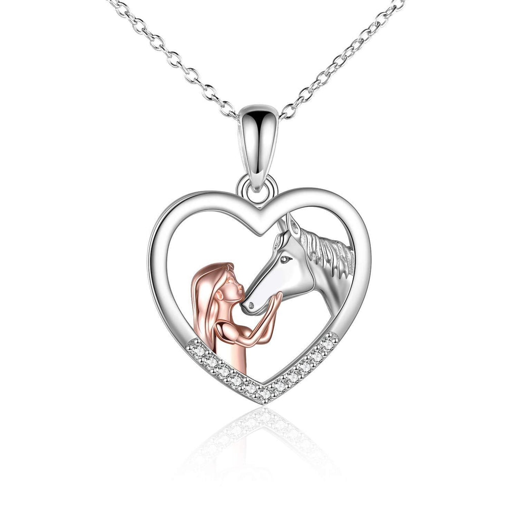 [Australia] - YFN Girl and Horse Necklace for Girls Sterling Silver Horse Jewellery Horse Gifts for Women 18" Rose Girl Horse Necklace 