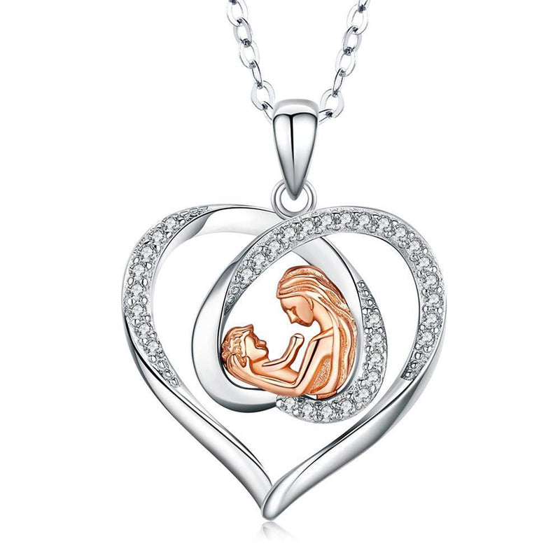 [Australia] - 925 Sterling Silver Mother and Child Love Heart Pendant Necklace 5A Cubic Zirconia Jewellery Gifts for Grandmother Mom Daughter Wife with Gift Box 