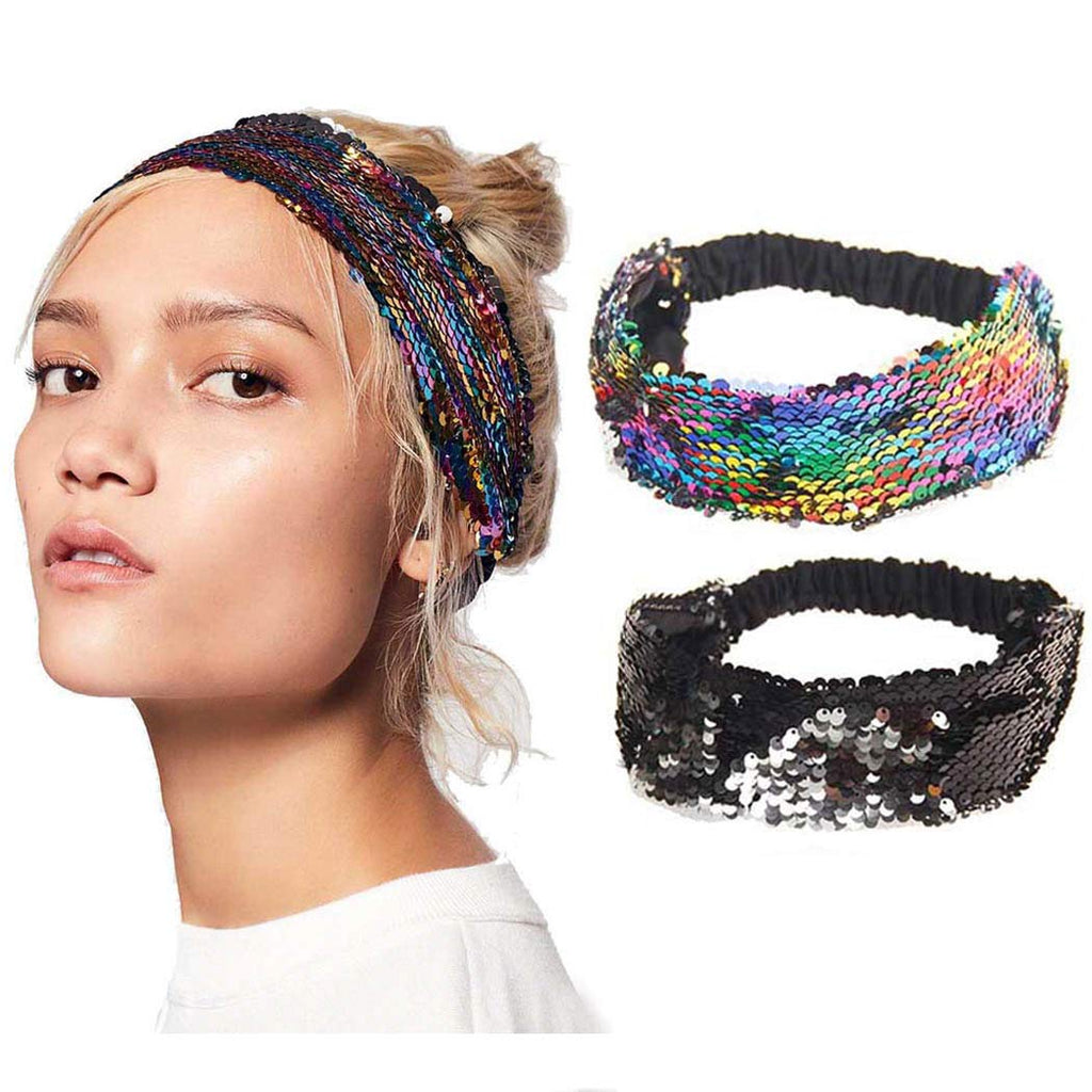 [Australia] - Unicra Sequins Headband Knotted Flower Wide Turban Hair Bands Workout Yoga Stretchy Bohemia Hair Accessories for Women and Girls(Pack of 2) 