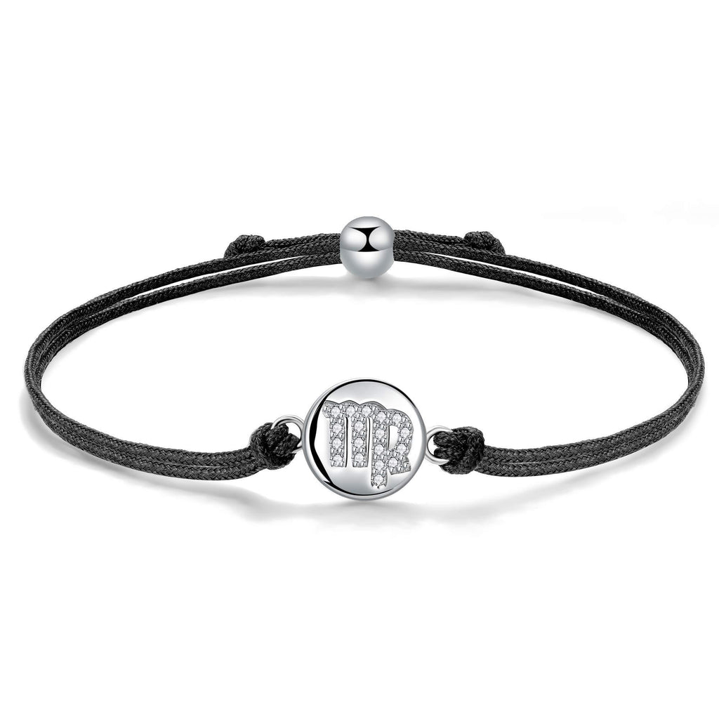 [Australia] - J.Endéar Constellation Bracelet for Women, Handmade Cord Filigree Bracelet with 925 Sterling Silver Round Disc Charm, Horoscope Jewelry 24cm Adjustable Black August 23 to September 22 