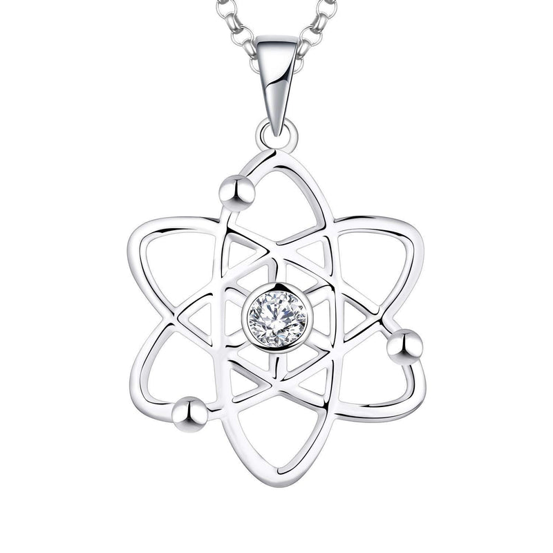 [Australia] - JO WISDOM Women Atom Atheist Necklace,925 Sterling Silver Atomic Atheism Pendant Necklace with 3A Cubic Zirconia,Jewelry gift for Women Girl Mum Mother White Gold Color 