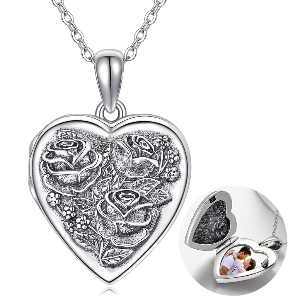 [Australia] - 925 Sterling Silver Locket Necklace That Holds Pictures Photo Necklace Oxidized Rose Flower Heart Pendnat Lockets Gifts for Women Birthday Gifts 