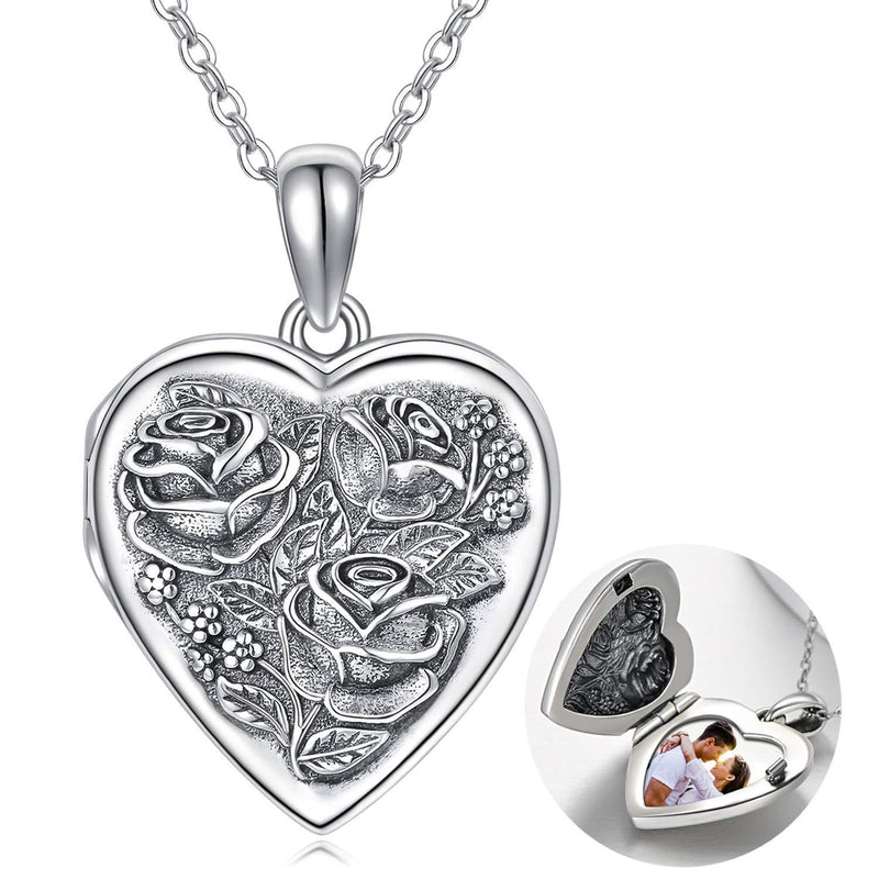 [Australia] - 925 Sterling Silver Locket Necklace That Holds Pictures Photo Necklace Oxidized Rose Flower Heart Pendnat Lockets Gifts for Women Birthday Gifts 