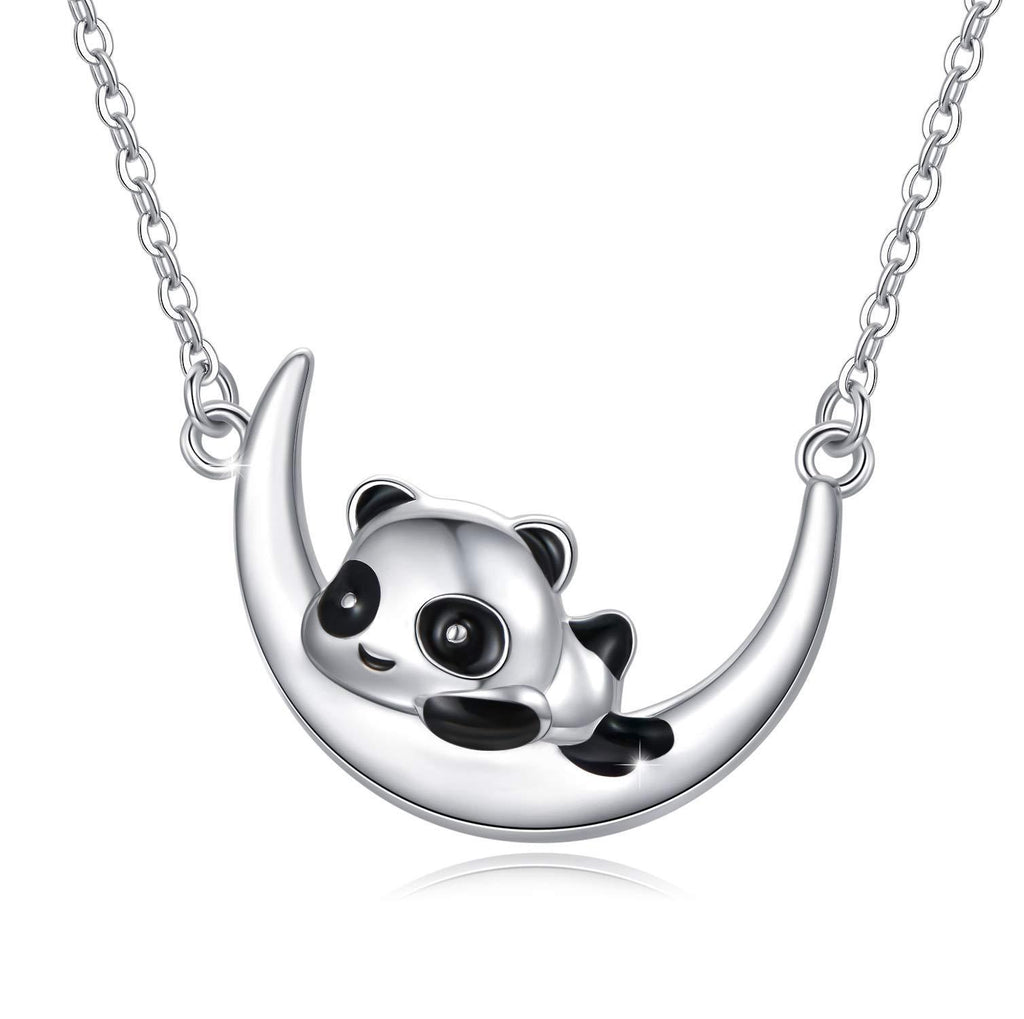 [Australia] - 925 Sterling Silver Panda Necklace Panda on Crescent Moon Pendant Necklace Jewelry Gifts Cute Animal Necklace Jewelry Gifts for Women Girls Birthday Christmas Day 