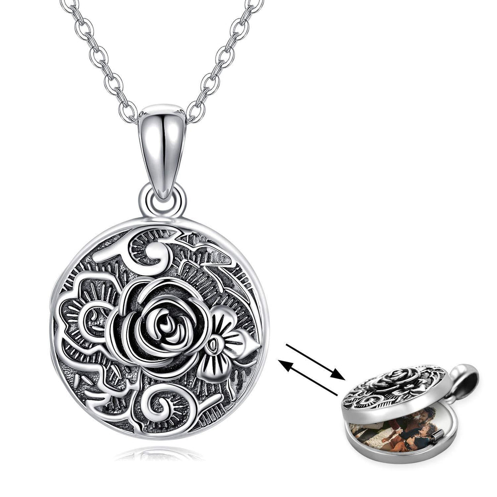 [Australia] - Locket Necklace 925 Sterling Silver Rose Flower Photo Pendant Necklace for Women Vintage Oxidized Roses Photo Locket Valentine's Day Mother's Day Birthday Gifts for Women Girls 