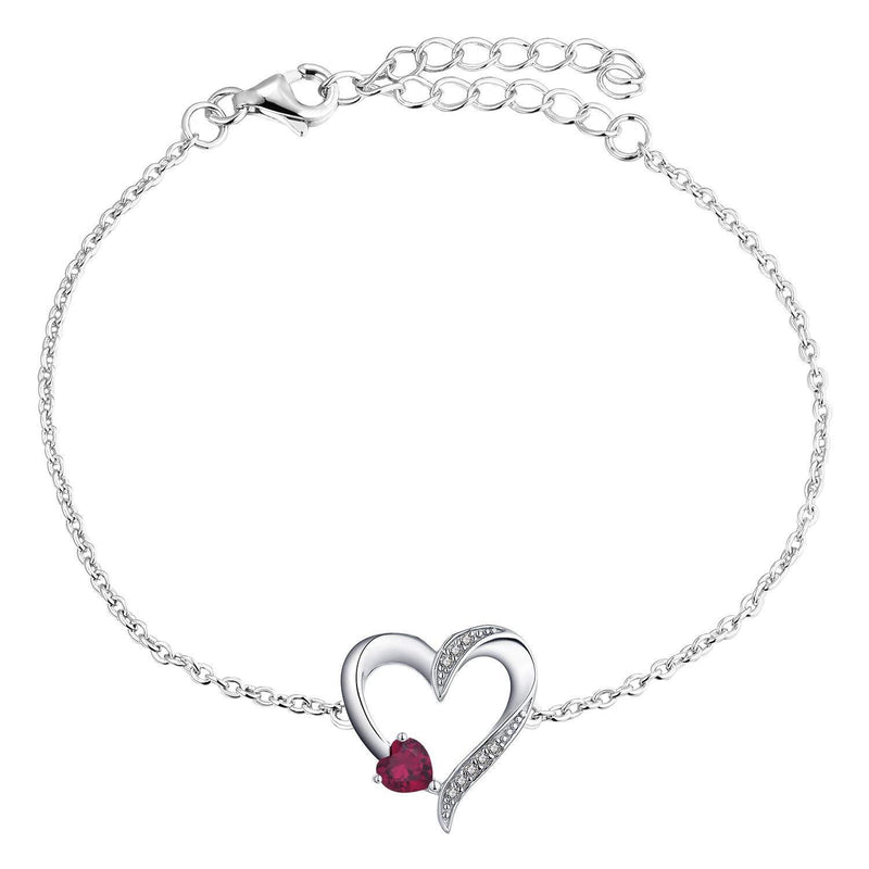 [Australia] - YL Heart Bracelet 925 Sterling Silver 12 Birthstone Cubic Zirconia Love Heart Bracelet Gifts for Women Mum Girls, (18+2CM) July,ruby 