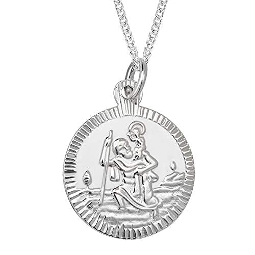 [Australia] - Aeon Jewellery Silver St Christopher Necklace - 925 Sterling Silver Pendant | Double Sided Medal | Holy Christian Travel Protector | Adjustable 16-18" Chain | Jewellery Gifts| Polishing Cloth Included 