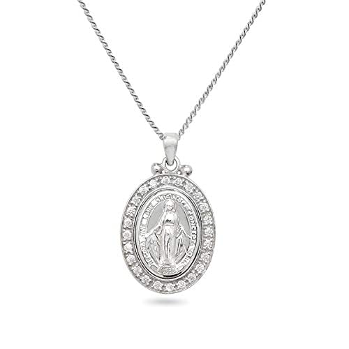 [Australia] - Aeon Real Sterling Silver Miraculous Medal Pendant Necklace with Cubic Zironcia and Adjustable Chain 