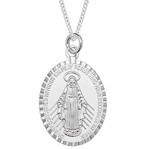 [Australia] - Aeon Real Sterling Silver Miraculous Medal Pendant Necklace for Women and Men. Adjustable Chain from 16 inches to 18 inches. Christian Holy Mary Medal in Silver With Diamond Cut Edge 