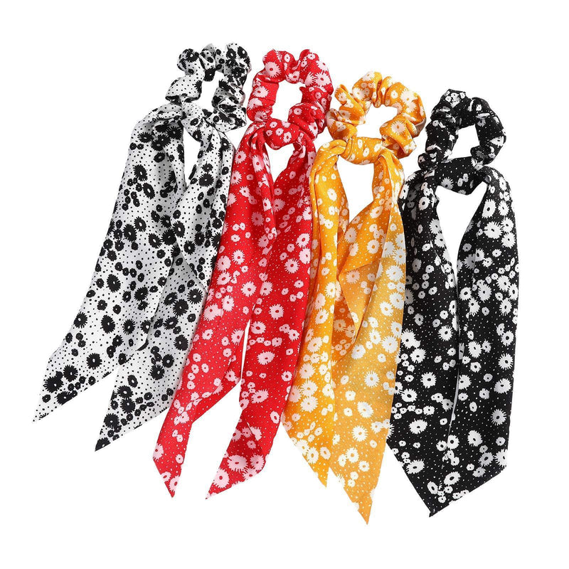 [Australia] - WELROG Scarf Scrunchies - 4PCS Bowknot Hair Scrunchies for Women Elastic Hair Band Hair Ties Rope Floral Hair Bobbles Ponytail Holder Hair Accessories for Girls White/Red/Yellow/Black 