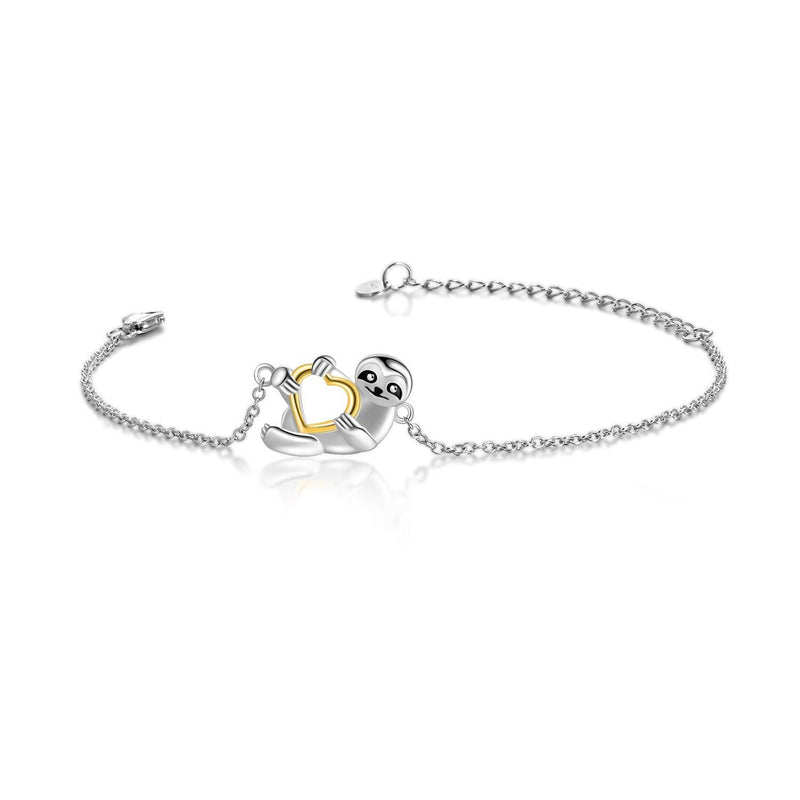 [Australia] - YFN Sloth Holding Golden Heart Charms Bracelet Sterling Silver Sloth Gifts for Women 