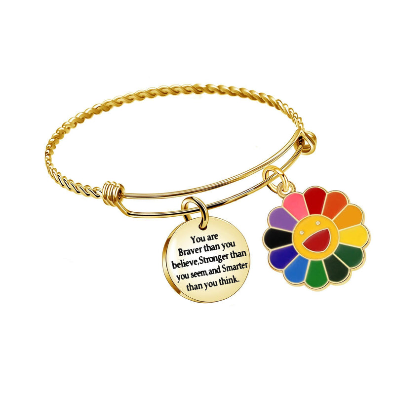 [Australia] - ACAROMAY Inspiration Bangles Bracelets Birthday Appreciate Gift Family Friend Graduation Christmas Gold Color Lucky Colorful Smile Flower Charm Jewellery 