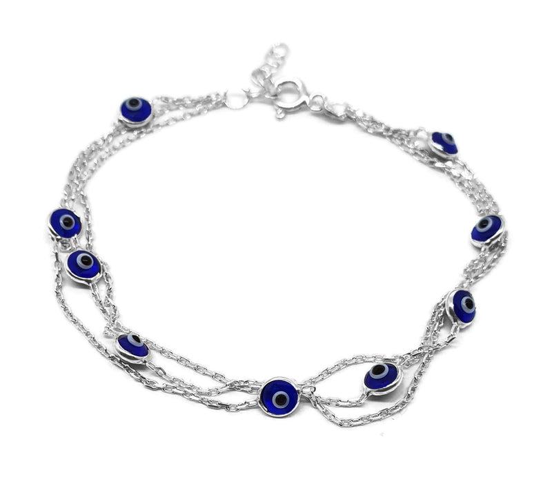 [Australia] - MYSTIC JEWELS by Dalia - 19 cm Silver Evil Eye Bracelet on Triple Chain with Little Eyes - for Good Luck navy 