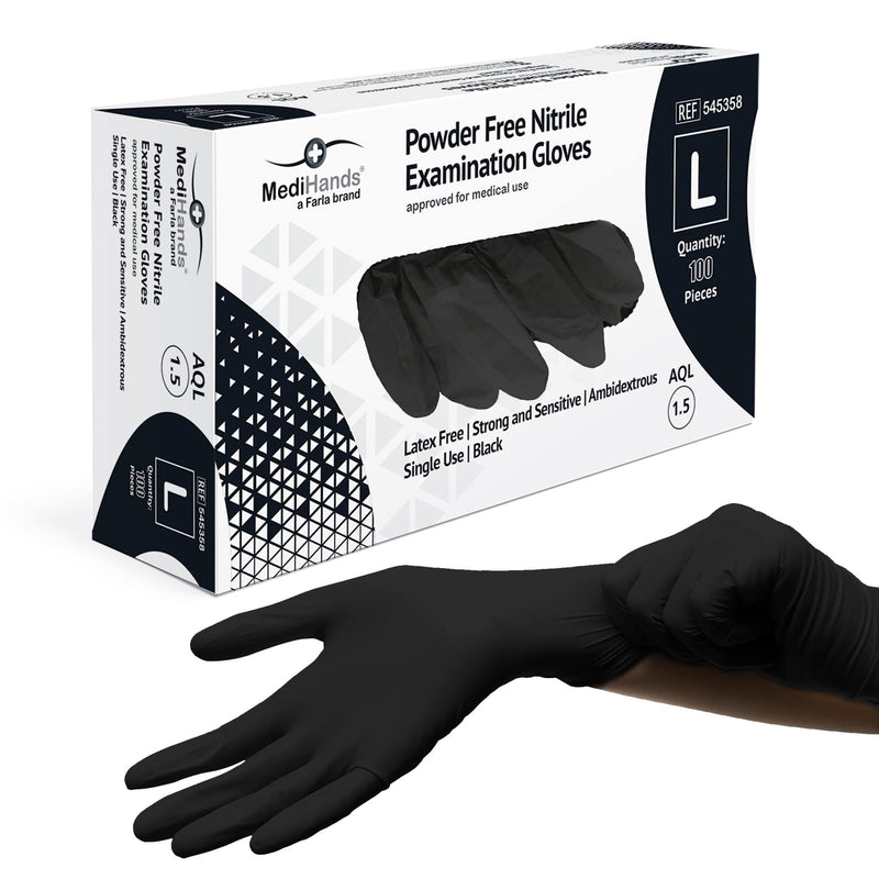 [Australia] - MediHands Nitrile Gloves - Disposable Black Gloves - Powder Free & Latex Free Nitrile Gloves Large - Multi-Purpose, Single Use - Box of 100 L (Pack of 100) 