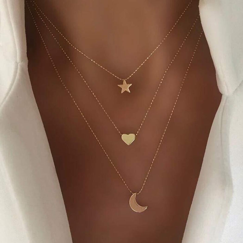 [Australia] - Yienate Bohemia Multilayer Necklace Stars Moon Love Pendant Fashion Necklaces Gold Chain Jewelry Charms For Woman and Girls 