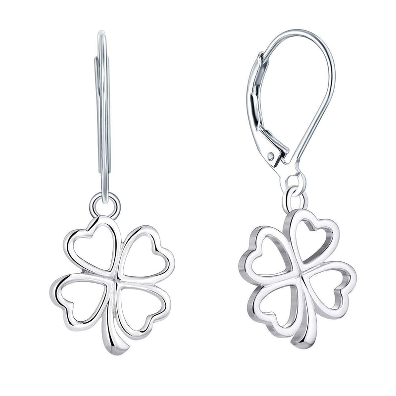 [Australia] - JO WISDOM Women 4 Leaf Clover Earrings,925 Sterling Silver Heart Leverback Dangle & Drop Earrings,Jewelry for Women White Gold Color 