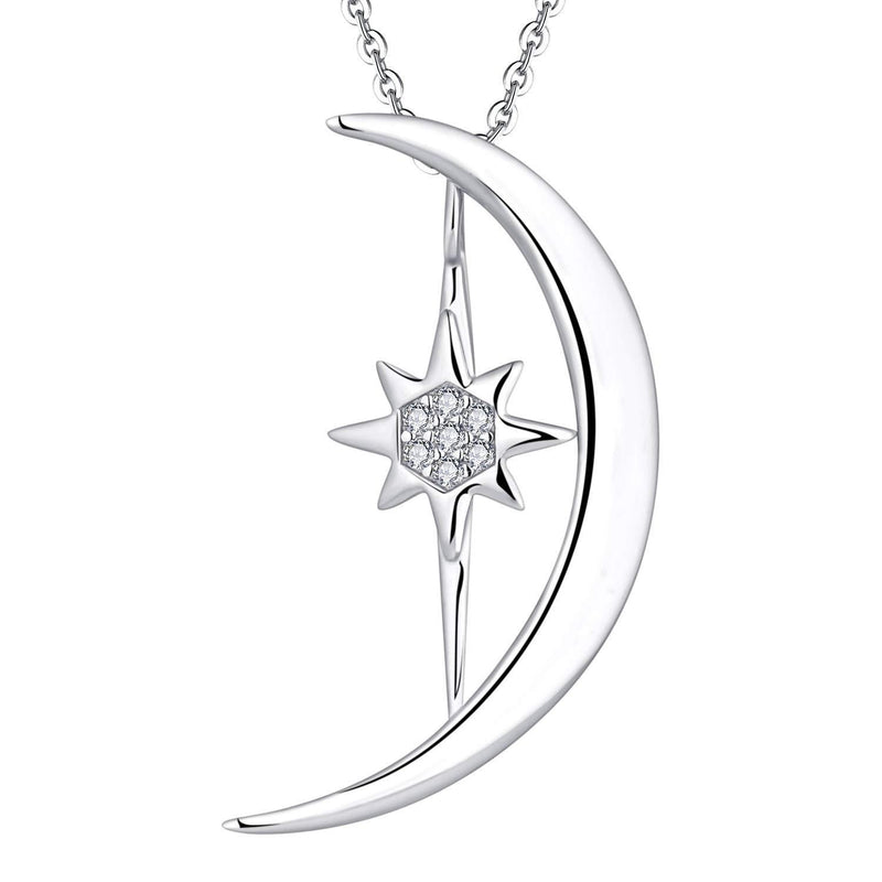 [Australia] - Starchenie Women Necklace 925 Sterling Silver Moon Ster Necklace Pendant 3A Cubic Zirconia White Gold Necklace Gifts for Women Moon & Star a 