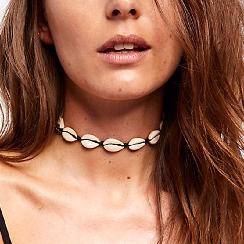 [Australia] - Yienate Bohemia Necklace Choker Simple Shell Pendant hand-woven Boho Necklaces Jewelry for Woman and Girls (Black) Black 