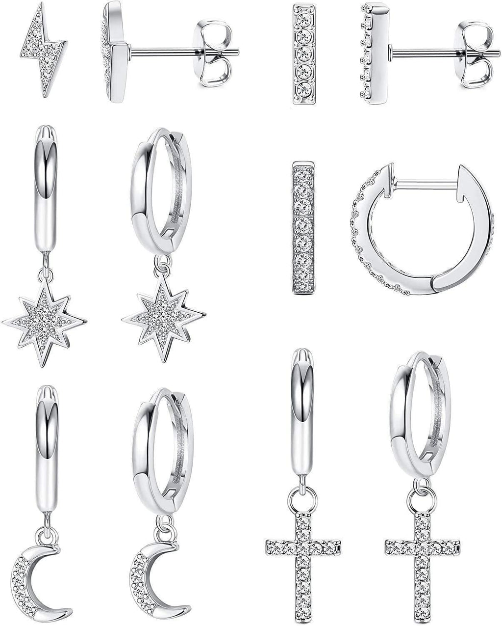 [Australia] - LOLIAS 6 Pairs 925 Silver Moon Star Cross Dangle Hoop Earrings for Women Mini Bar Drop Stud Earrings Set Small Huggie Hoop Earring Lightning Cubic Zirconia Earrings 