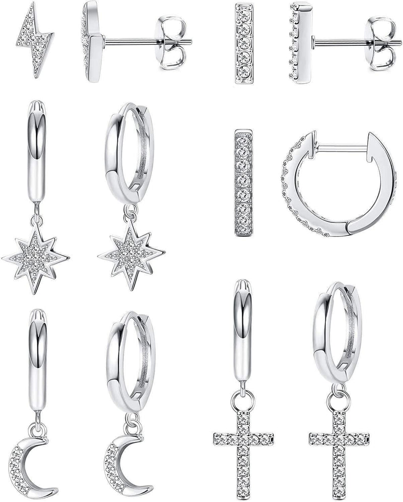 [Australia] - LOLIAS 6 Pairs 925 Silver Moon Star Cross Dangle Hoop Earrings for Women Mini Bar Drop Stud Earrings Set Small Huggie Hoop Earring Lightning Cubic Zirconia Earrings 