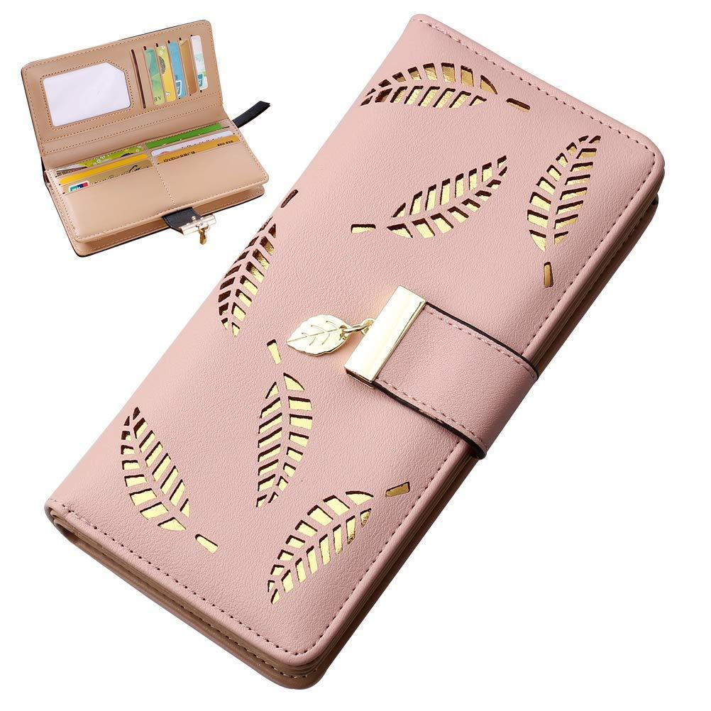 [Australia] - Pink Leather Long Purse, Cute Women Leather Wallet Purses Women Fashion Long Purse Ladies Purse Clutch Holder Case Leaf Pendant Coin Zipper Long Purse Pink 1 