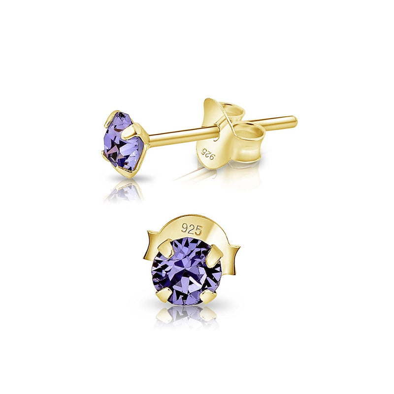 [Australia] - DTPSilver - 925 Sterling Silver Yellow Gold plated * SMALL * Round Stud Earrings made with Glittering Crystals from Swarovski® Elements - Diameter: 4 mm - Many Colours to choose from Tanzanite 