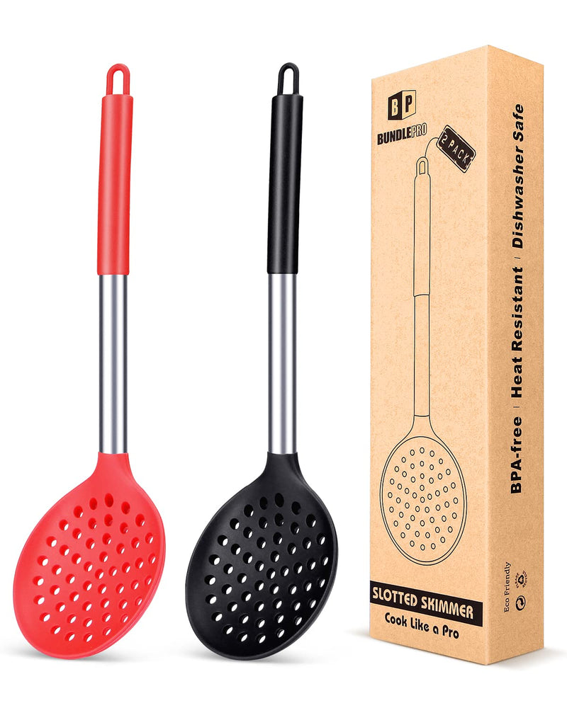 [Australia] - Pack of 2 Kitchen Ladle Strainer , Large Slotted Spoon with High Heat Resistant,BPA Free Non Stick Cooking Skimmers for Draining & Frying (Black-Red) Black-red 