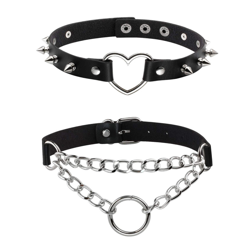 [Australia] - JJDreams Gothic Choker Set Black PU Leather Spiker Rivet Vintage Alloy Heart O-Ring for Women I-2 Pcs 