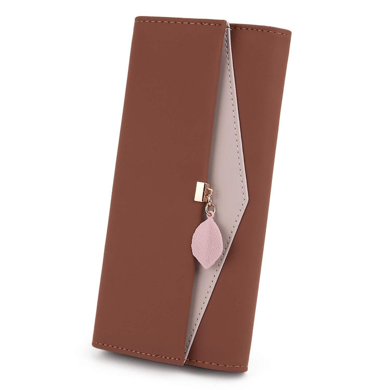 [Australia] - UTO Phone Clutch Wallet for Women 10 Card Slots Organizer Zipper Coin Pocket Leaf Pendant PU Leather Brown 