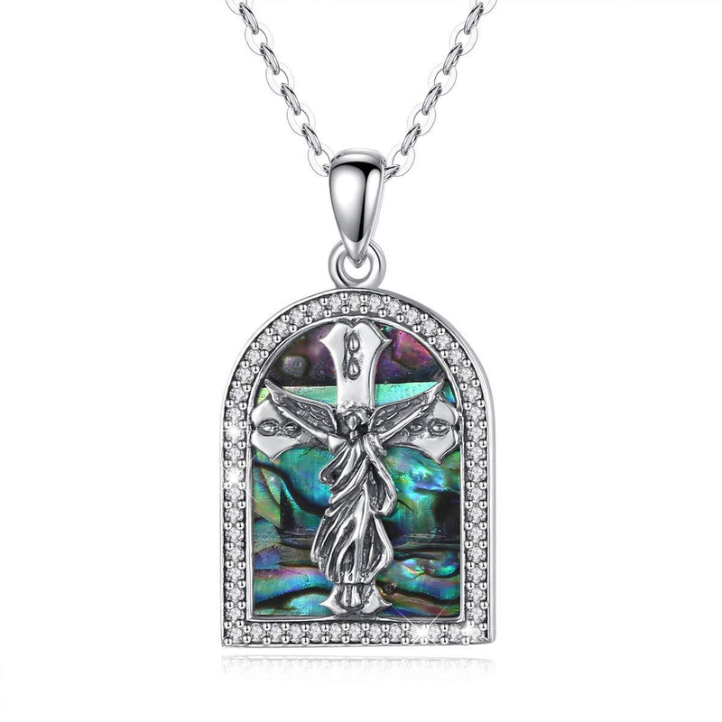 [Australia] - CELESTIA 925 Sterling Silver Abalone Shell Mother of Pearl Jesus Cross Holy Virgin Necklace for Women Girls, First Confirmation Gifts, Faith Love Hope Jewellery Multicolour Crucifixion 