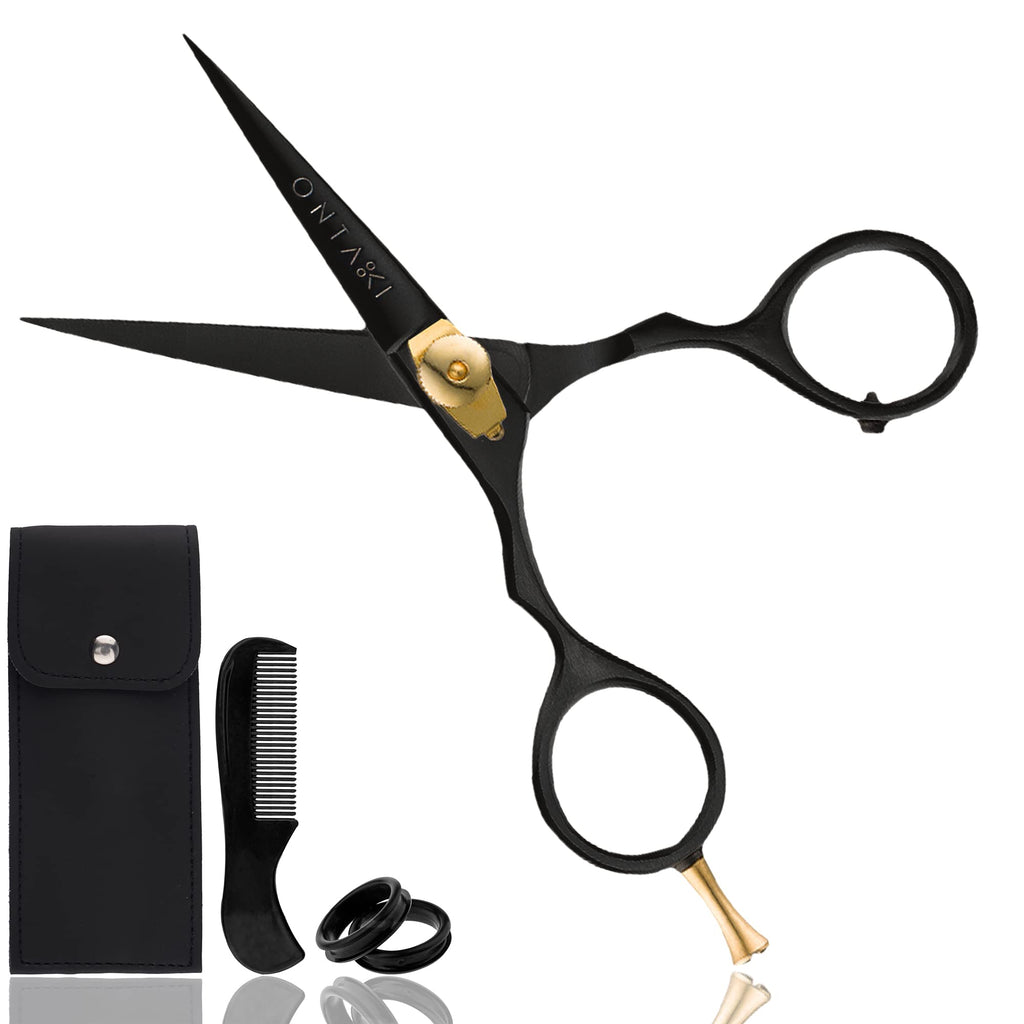 [Australia] - ONTAKI Beard Moustache Scissors 5.5" Professional Japanese Steel Comb, Carrying Pouch Beard Mustache Trimming Hand Forged Bevel Edge Precision Men Facial Hair Grooming Kit Body Facial Hair Black Gold 5.5" Black 