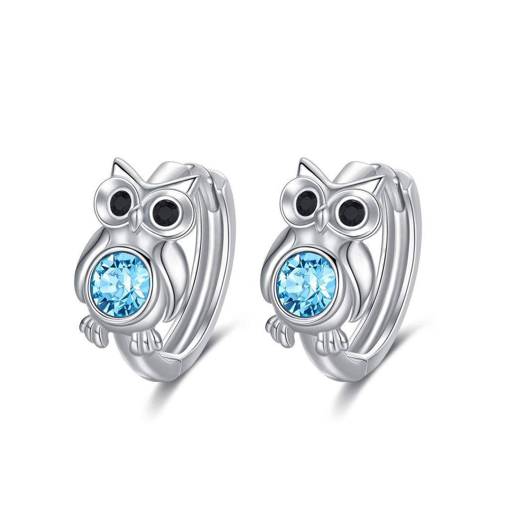 [Australia] - Owl Gifts for Women, Sterling Silver Owl Hoop Earrings with Birthstone Crystals Blue 