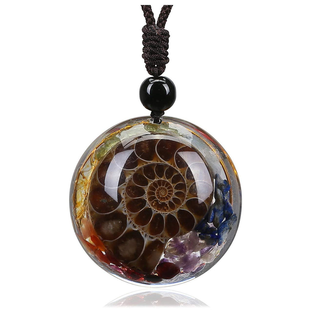 [Australia] - CrystalTears 7 Chakra Healing Crystal Stone Pendant Necklace Round Resin Ammonites Fossil Gemstone Necklace for Women Men Valentines Day Gift 