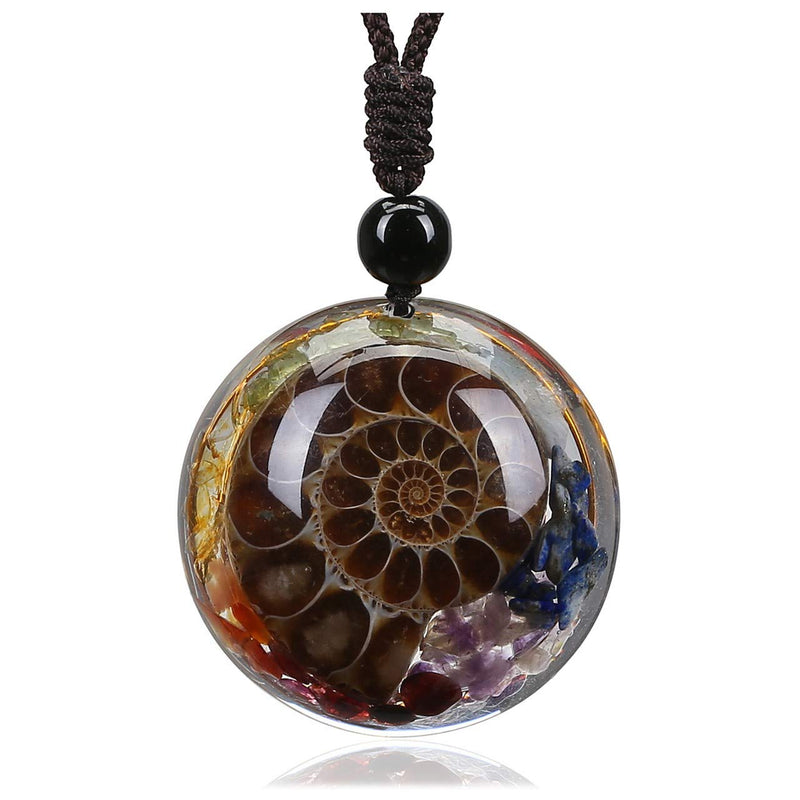 [Australia] - CrystalTears 7 Chakra Healing Crystal Stone Pendant Necklace Round Resin Ammonites Fossil Gemstone Necklace for Women Men Valentines Day Gift 