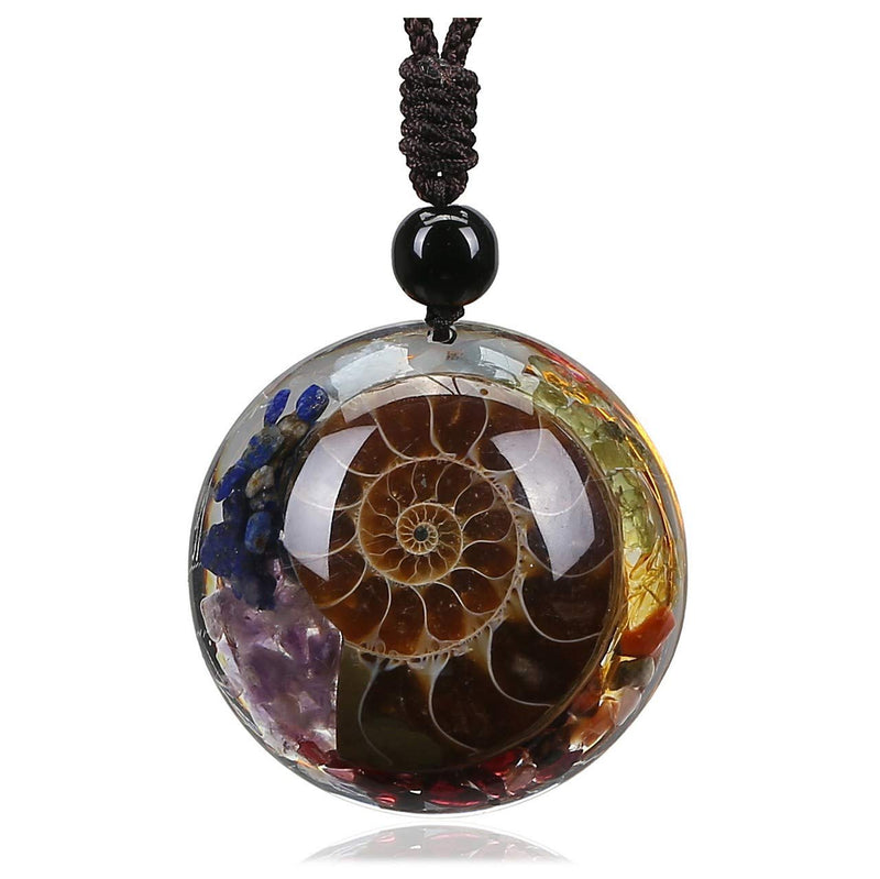 [Australia] - JSDDE 7 Chakra Pendant Necklace Ammonite Fossil Healing Crystal Stone Spiral Necklace 7 Chakra Crystal 